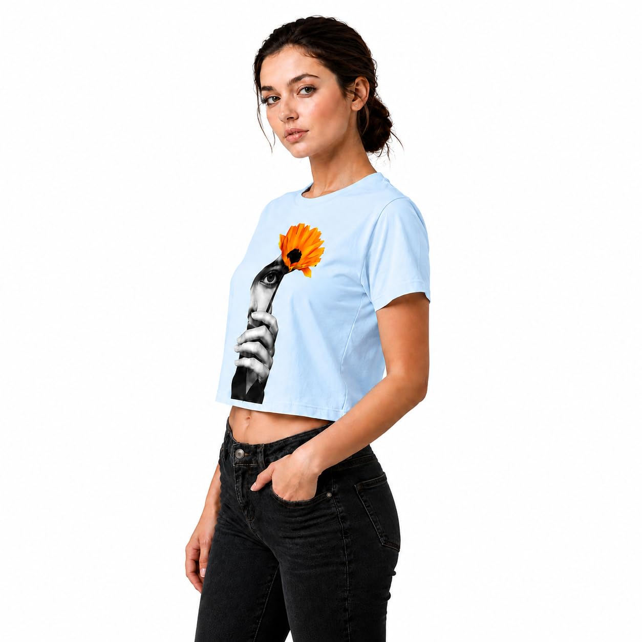 Women’s Crop T-Shirt with Sunflower Print | Round Neck Half Sleeve Graphic Crop Tee | Casual Wear Top for College, Travel, Outing-image-43