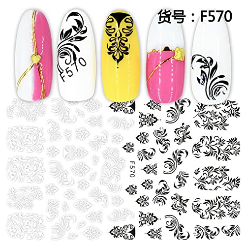 Lace Flowers Nail Stickers, Valentine Wedding Nail Decals White Black Lace Floral Nail 3D Stickers Leaf Flower Butterfly Elegant Wedding Nail Design Manicure Décor #TOP2