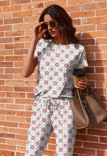 Image of Ekouaer 2 pack Womens Pajama Short Sleeve Jogger Pants Pjs Lounge Set | Pajama Sets with Pockets Comfy Sleepwear for Daily Wear, Sleep, Home, Sport, Workout