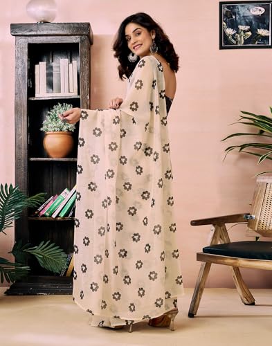 Image of SIRIL Women's Printed Chanderi Cotton One Minute Ready to Wear Saree with Unstitched Blouse Piece