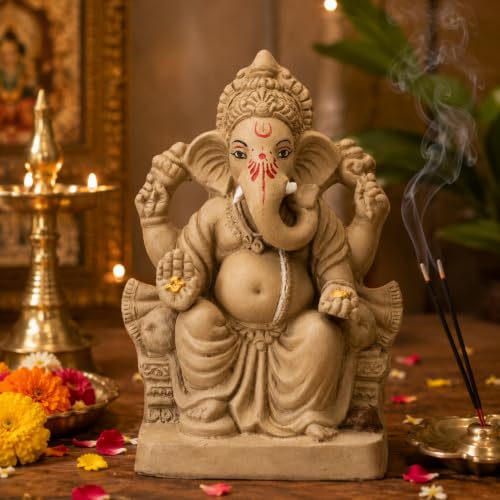 Cycle Pure Navin Clay Ganesha Idol for Ganesh Chaturthi, 8 Inch, Non - Colored | Eco Friendly | 1N Patka & 1 Pack Agarbathi