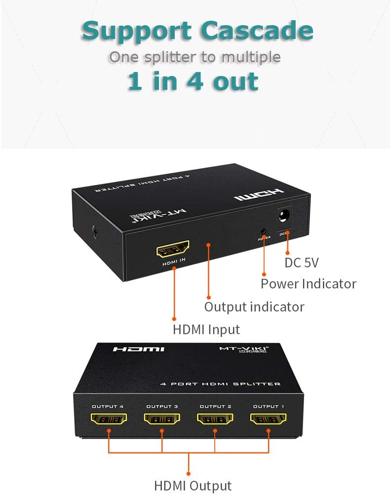 MT-ViKI 1x4 HDMI Splitter 1 in 4 Out 4 Ports, SP104 4Kx2K@30Hz 3D Full HD 1080P Distributor for PS4 PS3 Fire Stick TV HDTV DVD Computer Monitor : Electronics