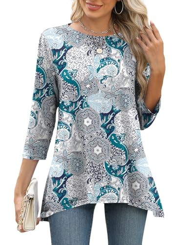LOMON 3/4 Sleeve Tunic Tops for Women Loose Fit Dressy Casual Blouse Flowy Shirts to Wear with Leggings S-3XL
