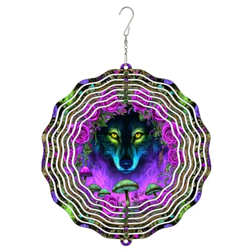 Wolf Windspiel, Fantasie, böhmische Rose, Pilz, Herbst, Violett, Metall, kinetische Windskulpturen, Outdoor-Ornamente für Garten, Hof, Terrasse, Rasen, Party-Dekoration, 30,5 cm