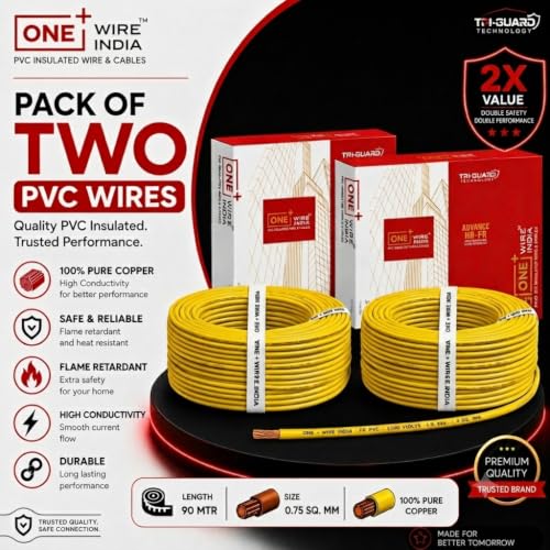 Image of 90m PVC Copper Electrical Wire (Pack of 2), Yellow, 0.75 mm