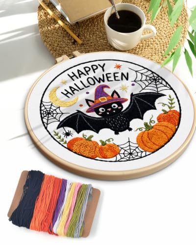 Image of TINDTOP Halloween Embroidery Kit for Adult, Embroidery DIY Starter Kit, with Stamped Patterns, Hoop, Tools, Colorful Threads with Needles, Instructions (Halloween D)