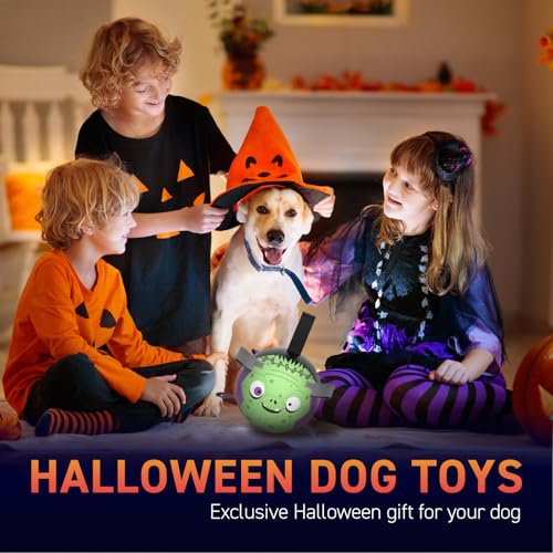 Image of QDAN Halloween Dog Toys, Dog Soccer Balls with Straps, Outdoor Dog Toys | Dog Balls, Herding Balls Toys for Small Medium Dogs, Puppy Pet Birthday Gifts, 6 Inch Purple Green