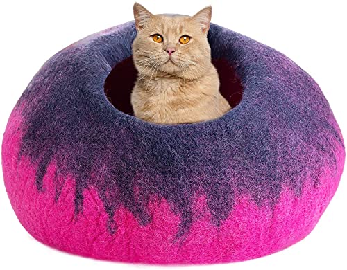 Juccini Wool Cat Cave Bed - Handmade Premium Felt Cat Bed (Large) - 100% Marino Wool Cat Bed For Indoor Cats And Kittens (Pink/Purple) #TOP10