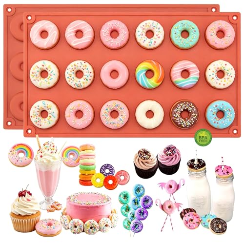 keliwa Mini Donut Pan Silicone Mold 18 Cavities 2 Pack Orange and Red 10.5x7 Inch Reusable Baking Tray for Home