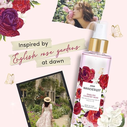 Image of Nykaa Wanderlust English Country Rose Body & Hair Fine Fragrance I | Perfume Mist for Women - 200 ml I Rose & fresh Lilly | | Long-Lasting, Travel‐Friendly, Vegan,Paraben‐Free, IFRA Certified