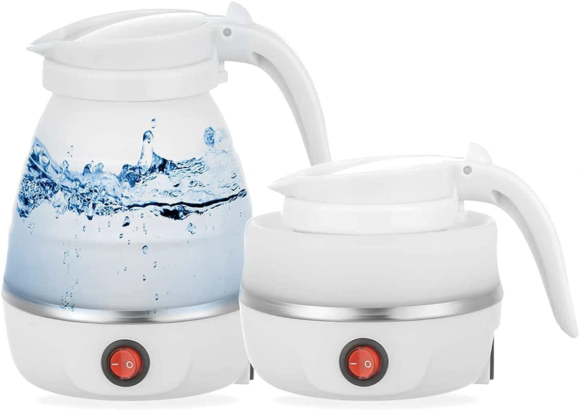 Hervidor eléctrico plegable, hervidor portátil de viaje de silicona de grado café té mini para hervir agua 600 ml caldera de calefacción de aislamiento tetera para acampar (blanco) práctico