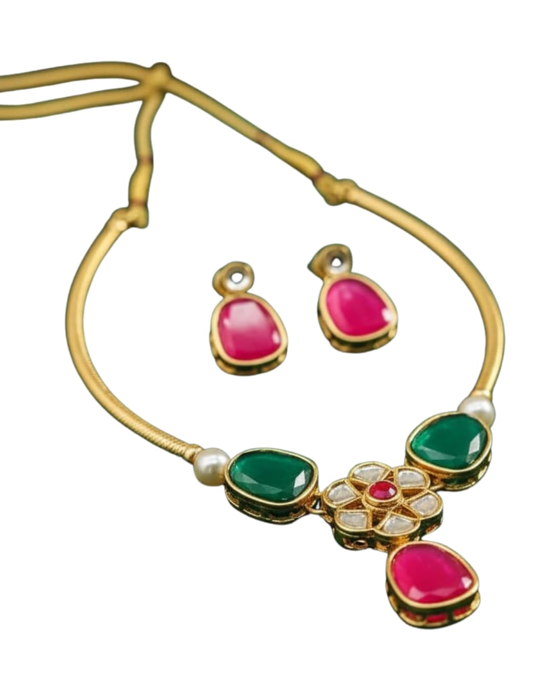 Brass Gold-Plated Gold Jewel Set for Women | Traditional Necklace Set with Matching Earrings | Ethnic Wedding-image-11