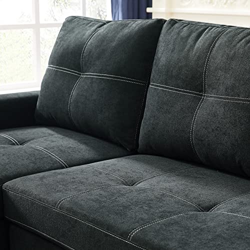 Erye 82" L-Shaped Corner Sectional Sofa With Pull Out Sleeper Couch Bed, Silver Rivets Decor Sofa & Couch With Reversible Storage Chaise And Side Pockets For Living Room Furniture Sets, Black Sofabed #TOP5