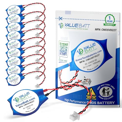 ValueBatt CMOS Battery CR2032 3V Lithium Battery with 2 Pin 2 Wire Cable CMOS Replacement for M11x R1 R2 Area-51 Motherboards (10-Pack)