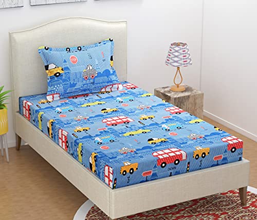 Image of Combo Pack of 2 Elastic Fitted Bedsheet 1 for Double Bed and 1 for Single Bed of Same Print 200TC(CAR Blue)