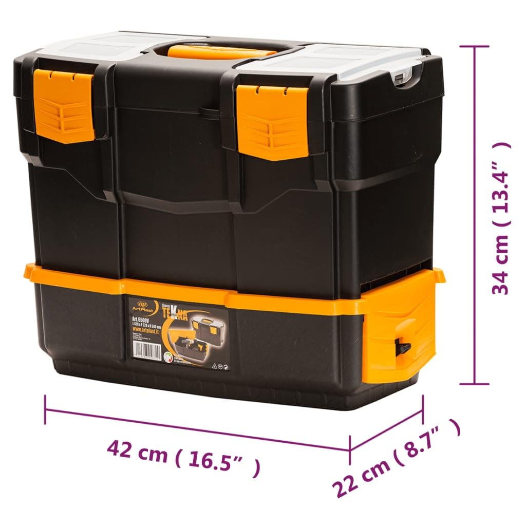 Caja de herramientas de polipropileno 420 x 220 x 340 mm, negro y amarillo, caja de herramientas con cerradura con tapa transparente, organizador para tornillos y clavos