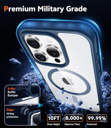 Image of FNTCASE for iPhone 15 Pro-Max Case: Clear Magnetic Phone Cases with Screen Protector Compatible with Magsafe Slim Anti Yellowing Rugged Shockproof Protective Transparent Cell Phone Cover (B-Blue)