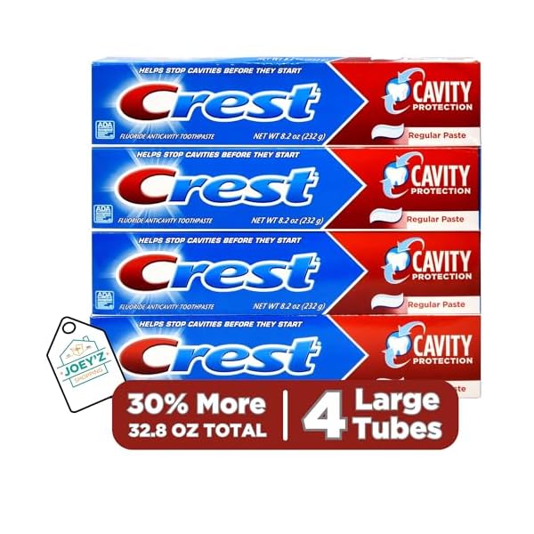 4 Pack of 8.2 Oz Crest Toothpaste Tubes Bundle with Joey'z Decal - Fluoride Cavity Protection Regular Paste, Bulk Toothpaste, Prevents Cavities Before They Start - Toothpaste Crest Toothpaste Bulk