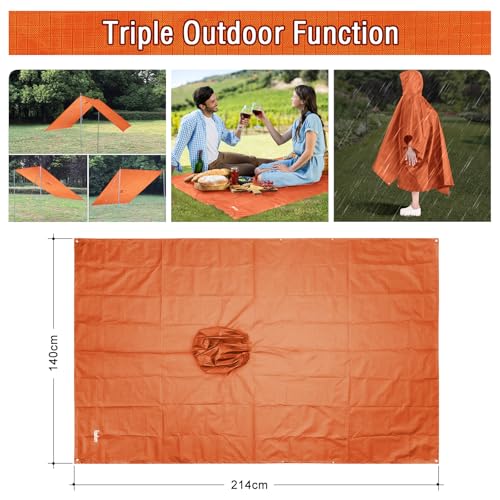 Azeekoom Regenponcho, wasserdicht, Regencape, Poncho/Campingmatte/Schatten, multifunktional, 3-in-1, für Wandern im Freien
