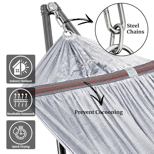 Image of Tranquillo Universal Double Hammock with Stand Included for 2 Persons /Foldable Hammock Stand 600 lbs Capacity Portable Case - Inhouse, Outdoor, Camping, Grey