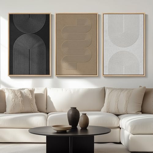 Large Framed Black and White Neutral Abstract Wall Art for Living Room, 3 Piece Boho Canvas Prints...