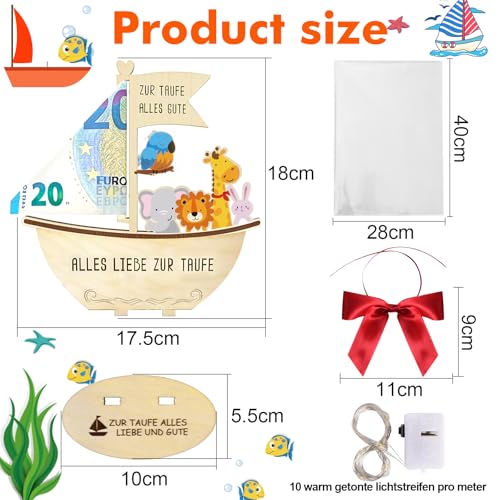 Taufgeschenke für Jungen und Mädchen mit LED Lichterkette, Alles Liebe zur Taufe, Holz Boot mit Basis, Geschenke Baby,Geburt Taufe Geldgeschenk, Geschenk zur Taufe Junge Mädchen (Buntes)