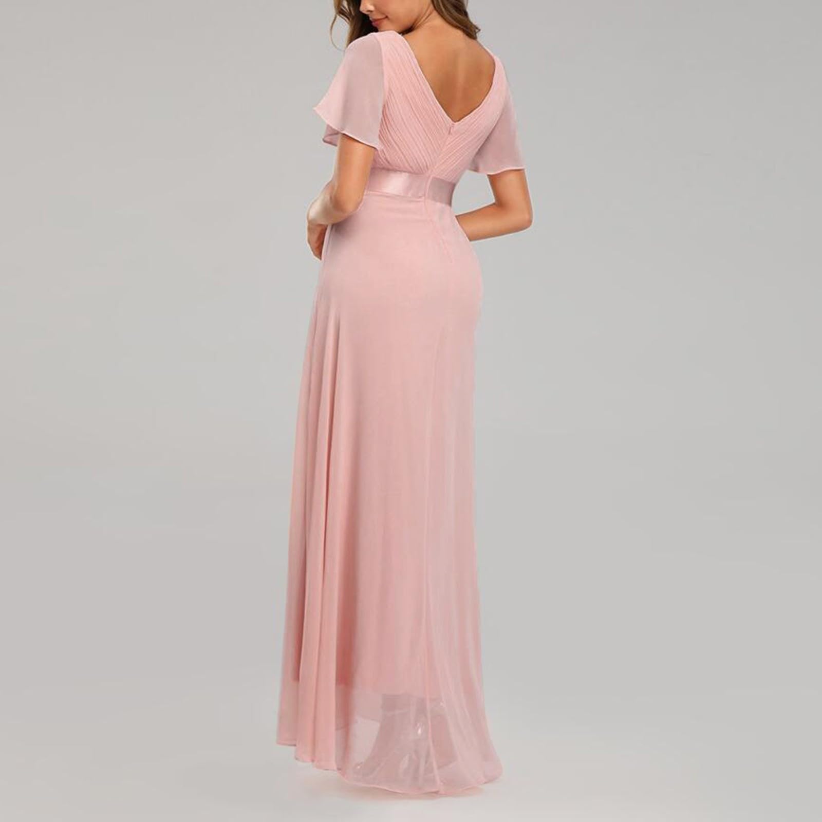 Vestido de noche para mujer, con cinturón, manga corta, cuello en V, de gasa, elegante, vestido de dama de honor, largo, de línea A, vestido de cóctel, vestido de fiesta con cinturón, corte ajustado,