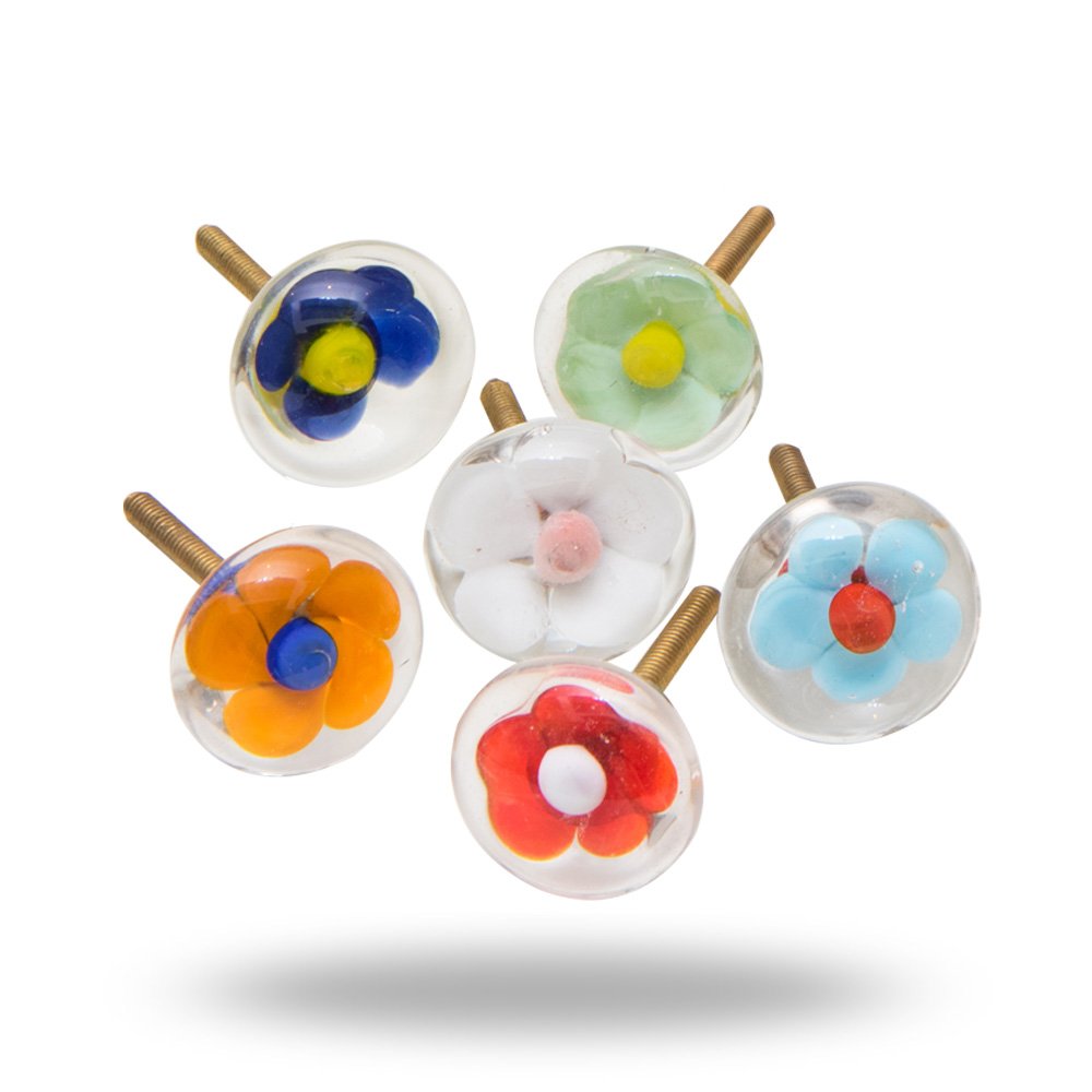 TRINCA-FERRO Set of 6 Glass Cabinet Door Knobs Trifle Flower Diameter 30 mm Drawer Pull Dresser Cupboard Handle