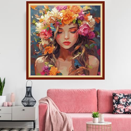 Image of Redxing Stamped Cross Stitch Kits Embroidery kit for Beginners Adults Full Range of Embroidery Patterns Starter Kits DIY Printed Cross Stitch Kits Needlepoint Kits 11CT-Flower Girl 18x18 inchs