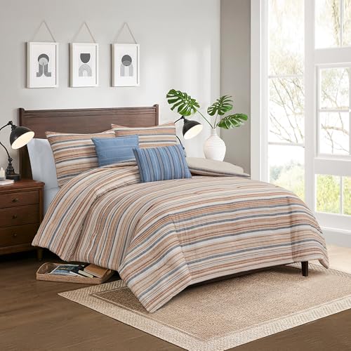 Image of Modern Threads 5-Piece Printed Comforter Set Monty - Blue & Tan Stripe Bedding with Decorative Pillows & Shams, Soft All Season Bed Set, Queen