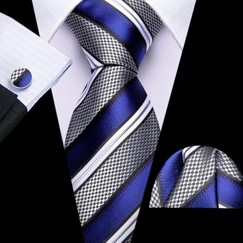 Image of Barry.Wang Mens Tie Set Plaid Check Neckties Formal Business Wedding Luxury Pocket Square Cufflinks