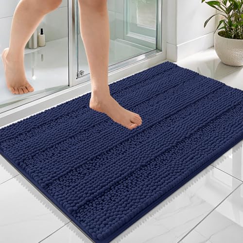 Image of OLANLY Thick Bathroom Rugs 36x24, Extra Absorbent Chenille Striped Bath Rugs, Rubber Backing, Machine Wash Dry, Bath Mats for Bathroom Floor, Tub and Shower, Home Decor Accessories, Twilight Sapphire