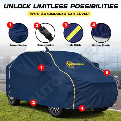Image of Maruti Baleno Waterproof Car Cover with Antena & Mirror Pockets Triple Stitched Bottom Elastic Adjustable Belt Inner Cotton All Weather Protection Against Scratches Rain Dust UV Rays -Blue