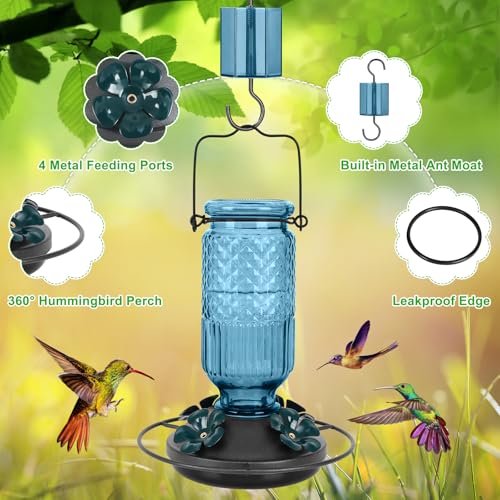 Image of FEED GARDEN Glass Hummingbird Feeder for Outdoors Hanging, 16 OZ Humming Bird Feeders with 4 Bee Guard Feeding Ports & Built-in Ant Moat, Hummingbird Gifts for Mom Bird Feeder for Outside, Blue,2 Pack