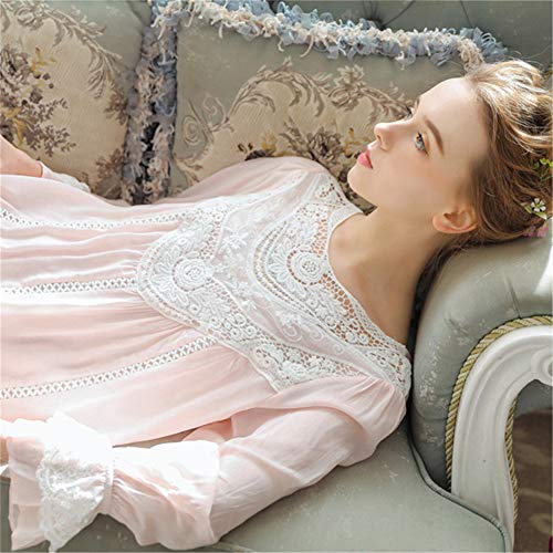 Women's Vintage Victorian Sleepwear Long Sleeve Sheer Nightgown Pajamas Nightwear Lounge Dress, 37#Pink, Medium #TOP4