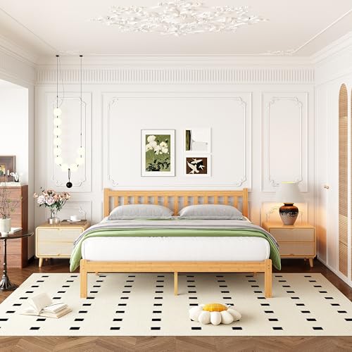 Image of ZIYOO King 14 in High Bamboo Bed Frame with Headboard, No Box Spring Needed, Metal Slat Support, Easy Assembly