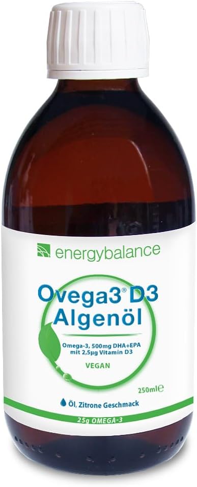 Ovega3 D3 Algenolie DHA+EPA – Drank met Omega3, Vitamine D3, Biologische Citroensmaak – ideaal voor kinderen – Veganistisch, Glutenvrij, zonder Gelatine – 250 ml
