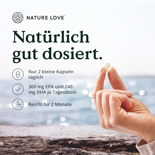 Nature Love Omega 3 - hochdosiert mit 650mg Omega 3 Fettsäuren je Tagesdosis - 120 kleine Kapseln mit Spitzenrohstoff AlaskOmega® (MSC-zertifiziert) - ohne Zusätze in Deutschland produziert 3
