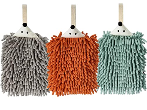 Yaocoral 3 Pack Double-Sided Chenille Hand Towels,Kitchen Hand Towels Hanging,Animal Hand Towels With Loops,Bathroom Hand Towels,Absorbent Quick Dry Square Hand Bath Towel(Orange Grey Lightgreen) #TOP2