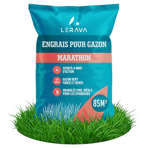 LERAVA Engrais Gazon Printemps Marathon (85 m²) – NPK libération lente anti mousse – Fertilisant pelouse riche en azote – Gazon vert et dense en 2–3...