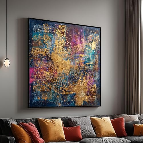 Tableau abstrait sur toile avec notes de musique colorées de 65x65 cm pour salon