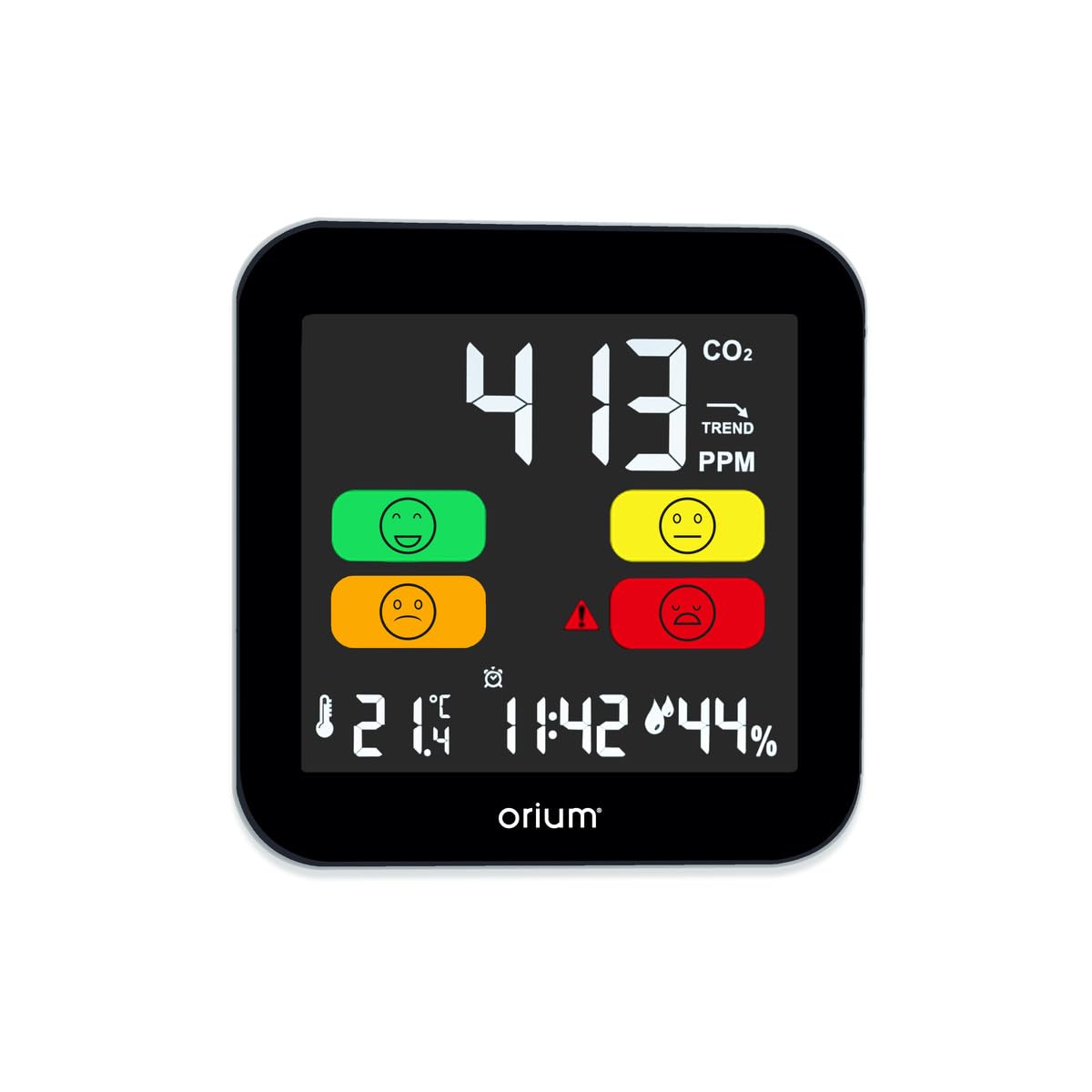 Orium Quaelis 14 11325 CO2 Meter displaying CO2, temperature, humidity, and time with color-coded indicators.