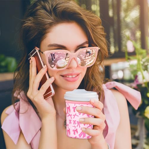 Image of Reusable Insulated Sleeve for Iced Coffee Cup, Coffee Neoprene Sleeve for Cold & Hot Drinks, Beverage Holder for Iced Coffee (Pink Bows, Large: 32oz)