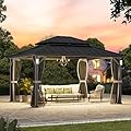 Modern Shade The Horizon Hard Top Gazebo 12' x 14' with 4 LED Lights, Permanent Hardtop Gazebo with Galvanized Steel Double Roof, Metal Gazebo with Decor Hooks, Mosquito Nettings for Patio, Black