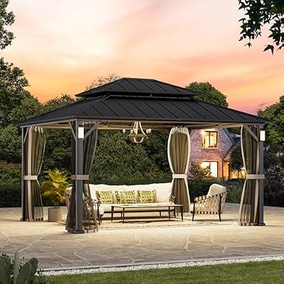 Modern Shade The Horizon Hard Top Gazebo 12' x 14' with 4 LED Lights, Permanent Hardtop Gazebo with Galvanized Steel Double Roof, Metal Gazebo with Decor Hooks, Mosquito Nettings for Patio, Black