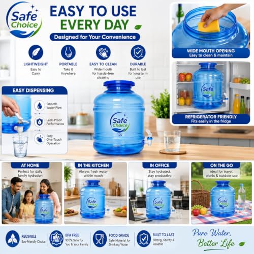 Image of Plastic Water Dispenser Jar with Tap | BPA-Free Water Can for Home, Kitchen & Office Use | Leak-Proof Blue Dispenser Jug - 10L Pack of 1