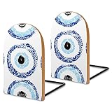 Lot de 2 serre-livres en forme d'œil turc dessiné à la main avec perle mauvais œil turc dessinée à la main - Serre-livres en bois antidérapant pour livres / films / CD / jeux vidéo