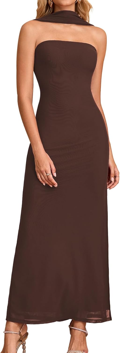 GLNEGE Formal Wedding Guest Bodycon Maxi Dress with Scarf Mesh Slit Elegant Tube Cocktail Party Dresses for Women