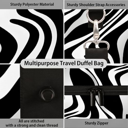 Animal Zebra White Black Weekender Bag Travel Duffle Bag for Women Men Overnight Shoulder Bags Waterproof Foldable Sports Gym Tote Bags Carry On Luggage for Travel Sports Dance Yoga Hospital4