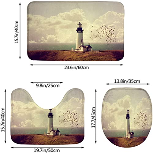 Badezimmerteppich-Set, 3-teilig, Meereslandschaft, Leuchtturm und Möwe am Meer, bewölkter Himmel, waschbare Badeteppiche, rutschfest, mit Rückenpolster, Konturteppich und Toilettendeckelbezug – Bild 4